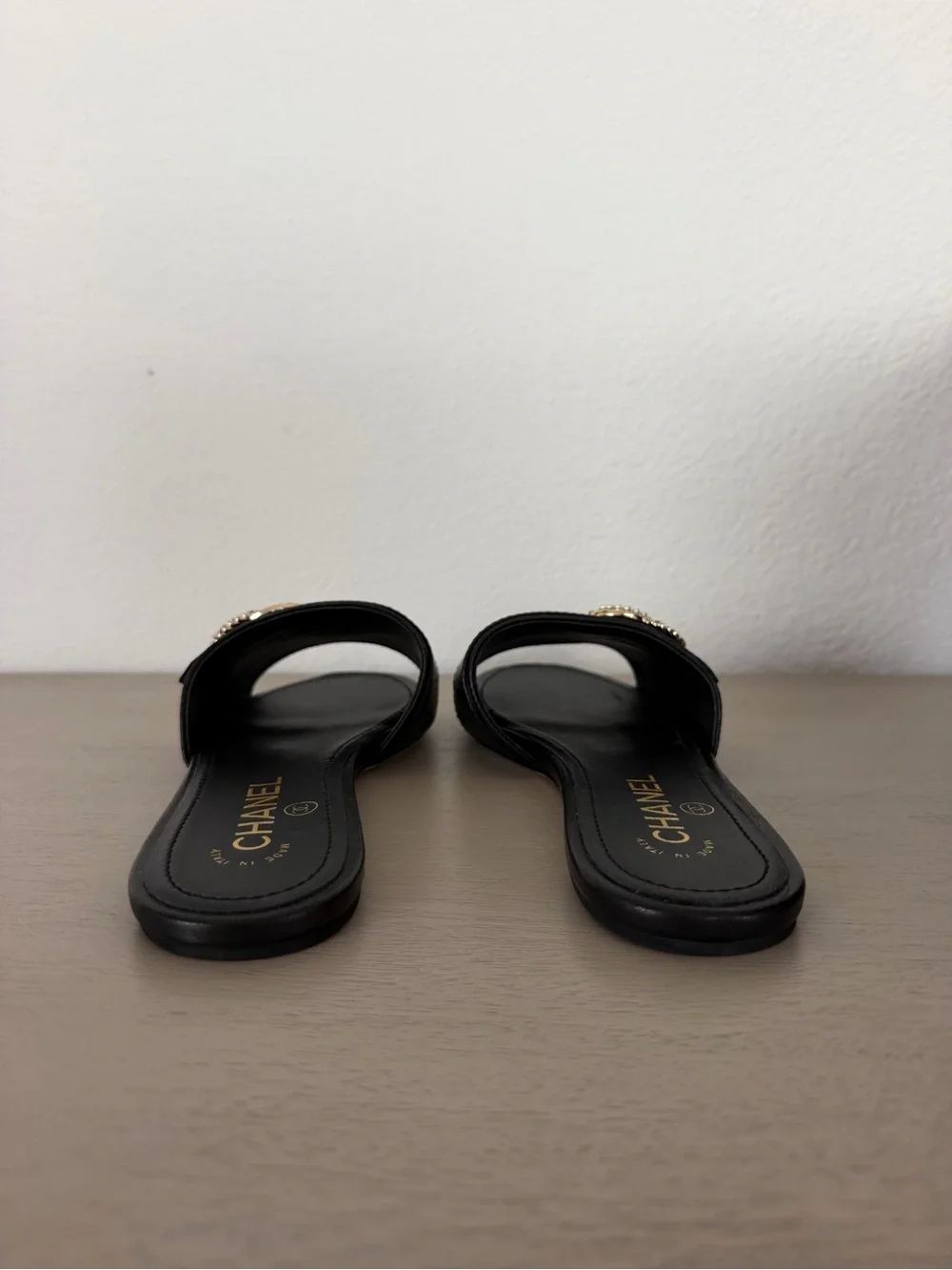 CHANEL Black Leather Slide Sandals with Gold CC Crystal Logo Sz 38